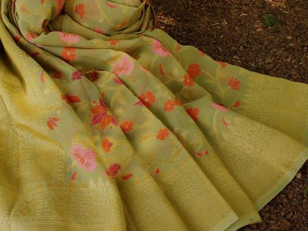 Light Pista Green Pure Khaddi Georgette Banarasi Handloom Dupatta For Sale