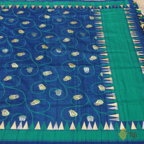 Navy Blue Pure Tussar Silk Banarasi Handloom Dupatta Discount