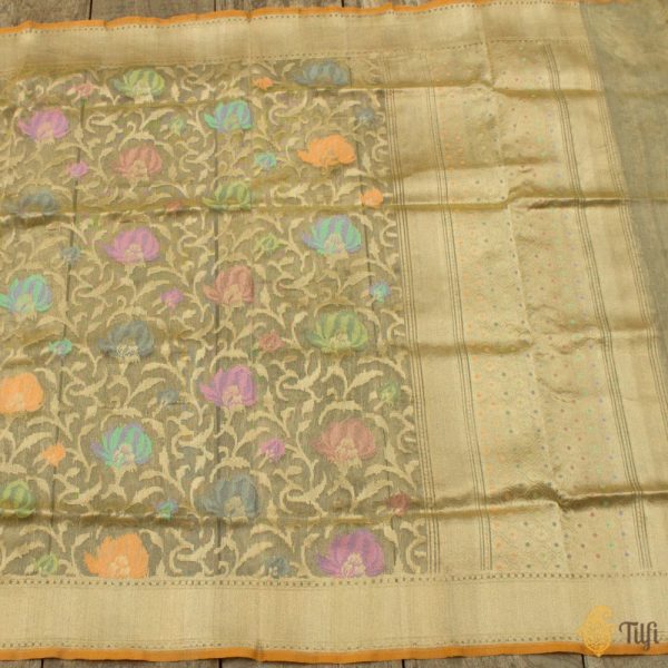 Light Yellow-Gold Pure Kora Tissue Net Banarasi Handloom Dupatta Online now