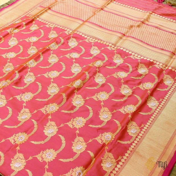 Orange-Pink Pure Katan Silk Kadwa Jangla Handloom Dupatta Discount