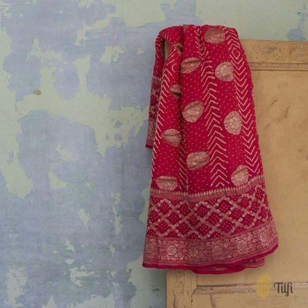 Pink Pure Georgette Banarasi Handloom Bandhani Dupatta on Sale