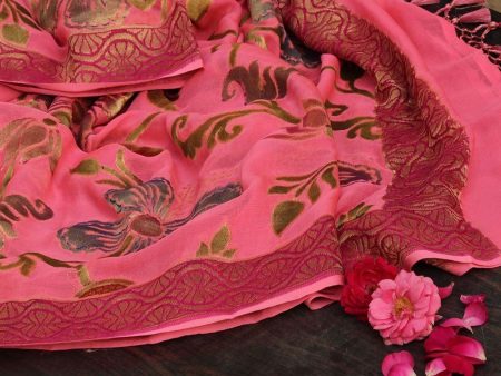 Light Pink Pure Chiffon Georgette Banarasi Handloom Dupatta Sale