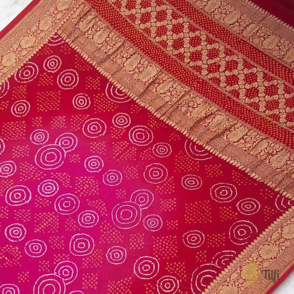 Rani pink-Red Pure Georgette Banarasi Handloom Bandhani Dupatta on Sale