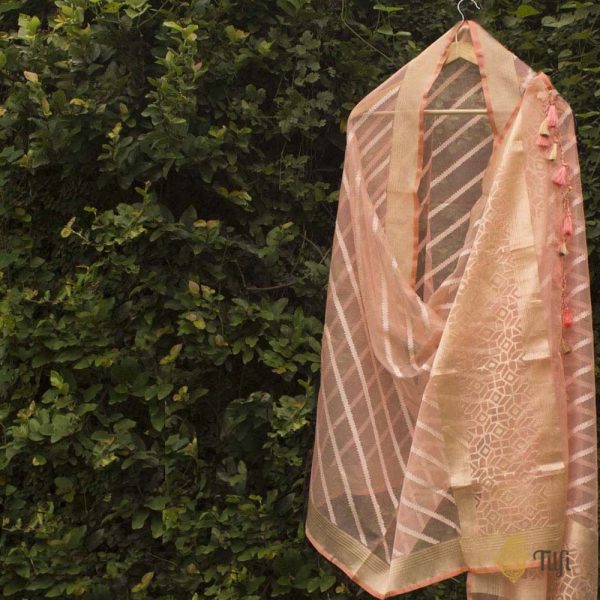 Peach Pure Kora Net Banarasi Handloom Dupatta Discount