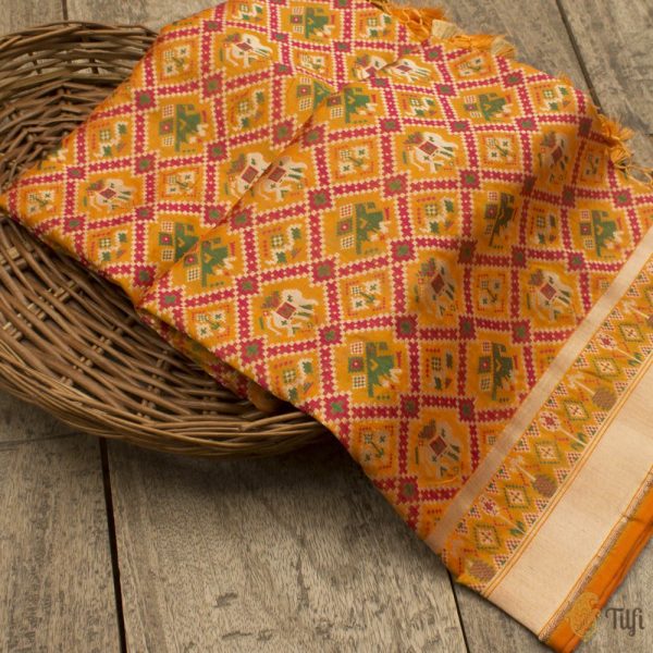 Orange Pure Katan Silk Banarasi Handloom Patola Dupatta Online Hot Sale