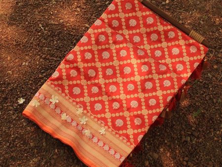 Orangish Red Pure Katan Silk Banarasi Handloom Dupatta For Sale