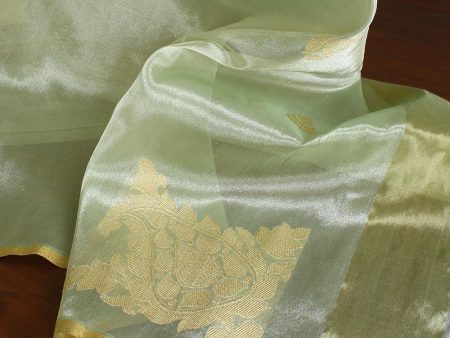 Mint Green Pure Kora Tissue Banarasi Handloom Dupatta For Sale