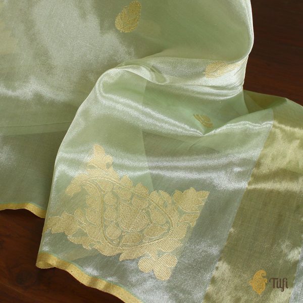 Mint Green Pure Kora Tissue Banarasi Handloom Dupatta For Sale