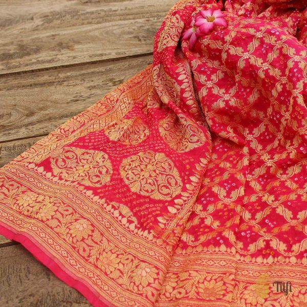 Gulabi Pink Pure Georgette Banarasi Handloom Bandhani Dupatta Online Sale