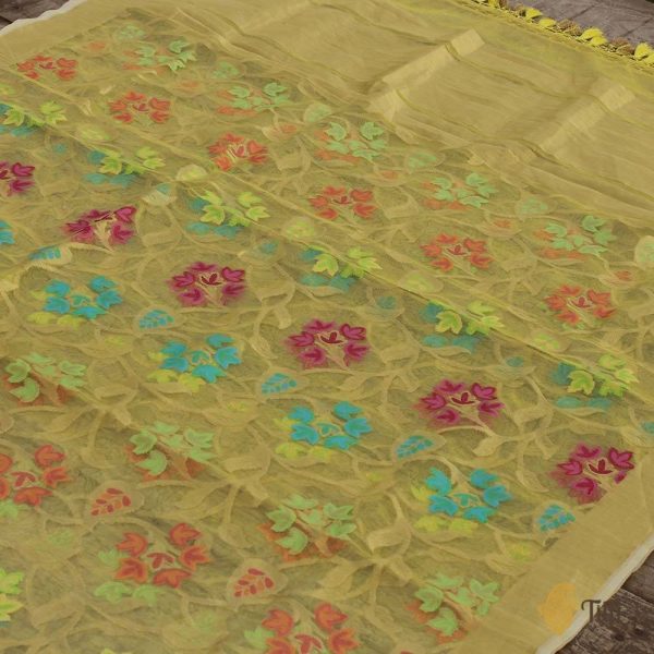 Lemon Yellow Pure Kora Net Banarasi Handloom Dupatta Online