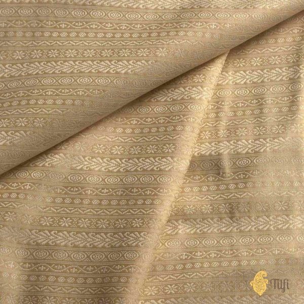 Cream Pure Katan Silk Banarasi Handloom Fabric For Sale