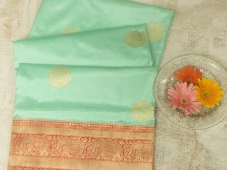 Aqua Blue-Orange Pure Katan Silk Banarasi Handloom Saree For Sale