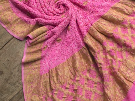 Light Gulabi Pink Pure Georgette Banarasi Handloom Bandhani Dupatta Online