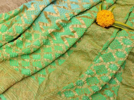 Light Blue - Green Pure Georgette Banarasi Handloom Bandhani Dupatta For Sale