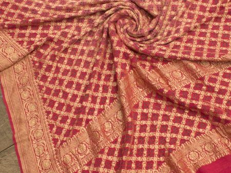 Pink-Coral Peach Pure Georgette Banarasi Handloom Bandhani Dupatta Online now