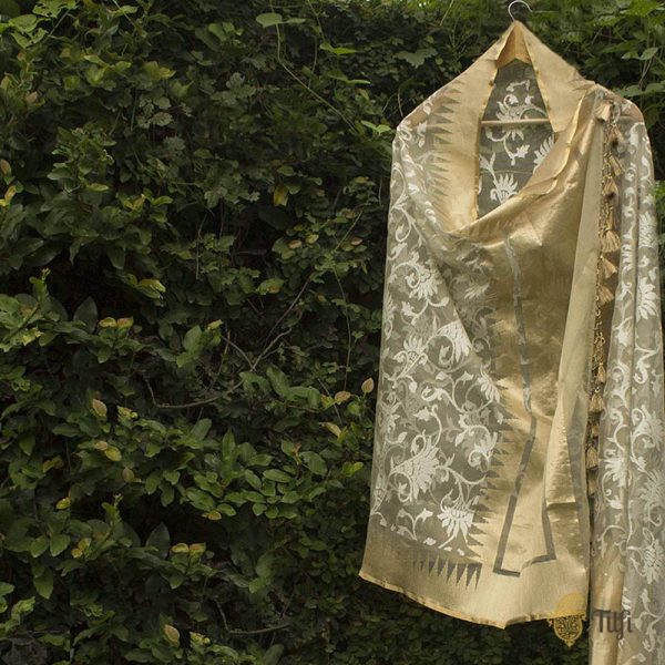 Gray Pure Kora Net Banarasi Handloom Dupatta For Discount