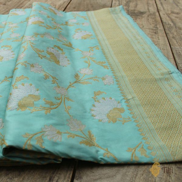 Light Ferozi Blue Pure Katan Silk Banarasi Handloom Kadwa Saree Online