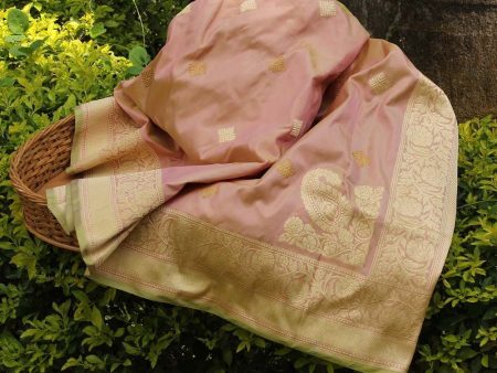 Light Pista Green-Peach Pure Katan Silk Banarasi Handloom Dupatta For Cheap