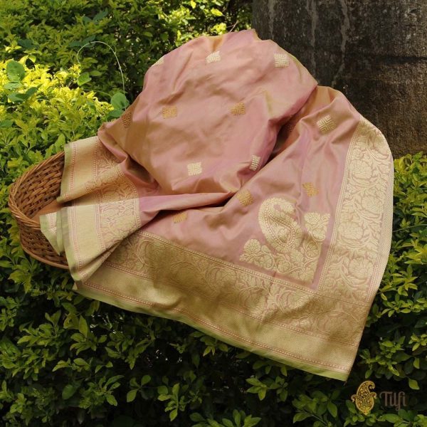 Light Pista Green-Peach Pure Katan Silk Banarasi Handloom Dupatta For Cheap