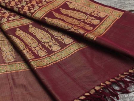 Maroon-Brown Pure Satin Silk Tanchoi Jamawar Banarasi Handloom Dupatta Online now