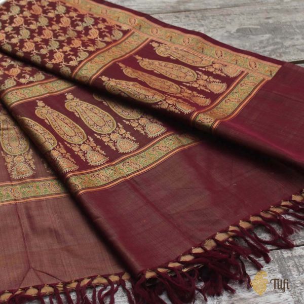 Maroon-Brown Pure Satin Silk Tanchoi Jamawar Banarasi Handloom Dupatta Online now