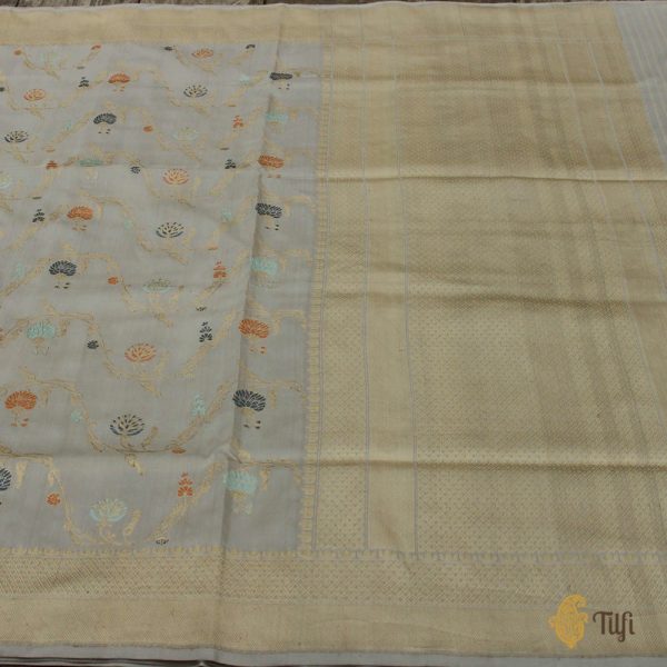 Grey Pure Katan Silk Banarasi Handloom Saree Discount