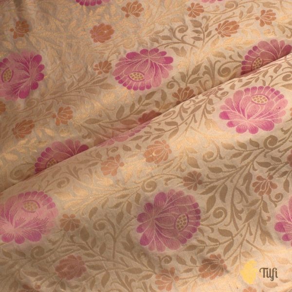 Off-White Pure Katan Silk Banarasi Handloom Fabric Sale