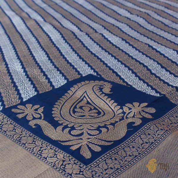 Persian Blue Pure Katan Silk Aadha Jaal Banarasi Handloom Dupatta Cheap