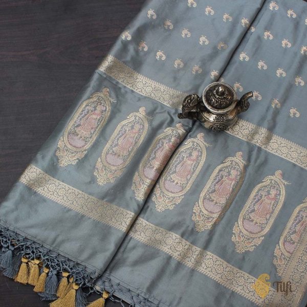 Grey Pure Katan Silk Banarasi Handwoven Dupatta Online Sale