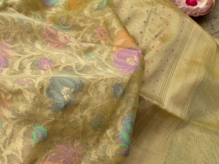 Light Yellow-Gold Pure Kora Tissue Net Banarasi Handloom Dupatta Online now