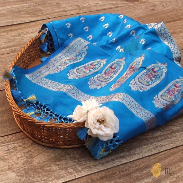 Peacock Blue Pure Katan Silk Banarasi Handwoven Dupatta Supply