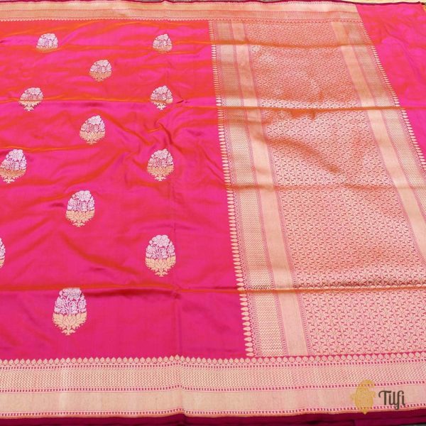 Orange-Rani Pink Pure Katan Silk Handloom Banarasi Saree For Discount