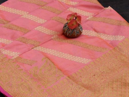 Peach Pure Katan Silk Aadha Jaal Banarasi Handloom Dupatta on Sale