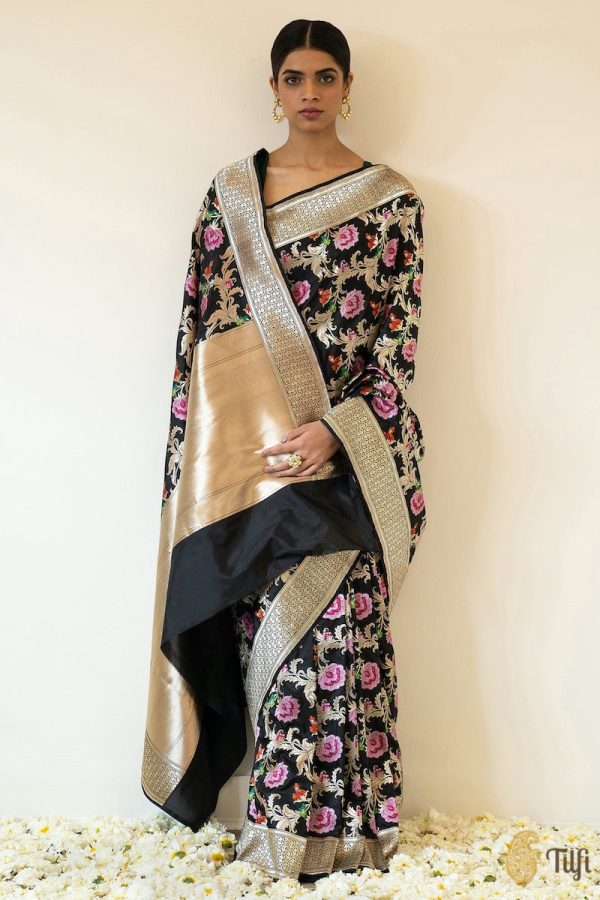 A Baroque Dream  Black Pure Katan Silk Banarasi Handloom Saree Sale