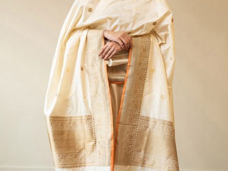 Pre-Order : Off-White Pure Katan Silk Banarasi Handloom Dupatta Hot on Sale