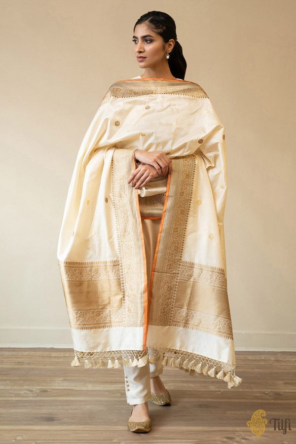 Pre-Order : Off-White Pure Katan Silk Banarasi Handloom Dupatta Hot on Sale