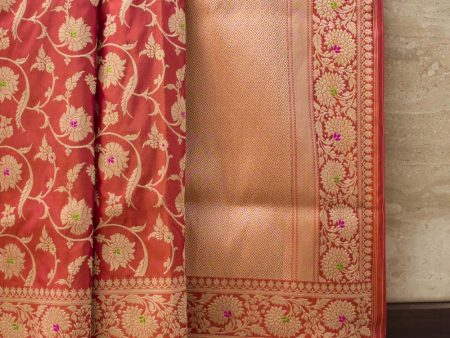 Red-Orange Pure Katan Silk Banarasi Handloom Saree Online now