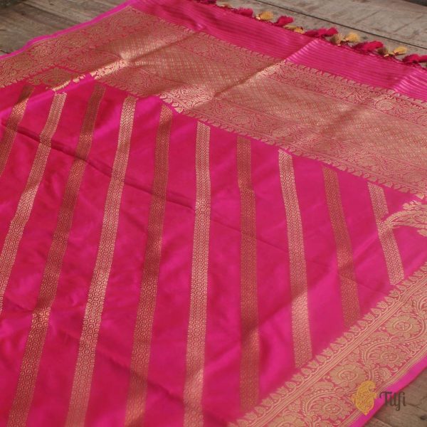 Rani Pink Pure Katan Silk Aadha Jaal Banarasi Handloom Dupatta For Discount