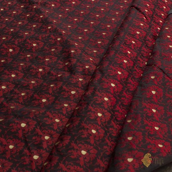 Black-Maroon Pure Soft Satin Silk Banarasi Handloom Fabric on Sale