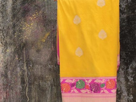 Yellow-Indian Pink Pure Katan Silk Banarasi Handloom Saree Sale