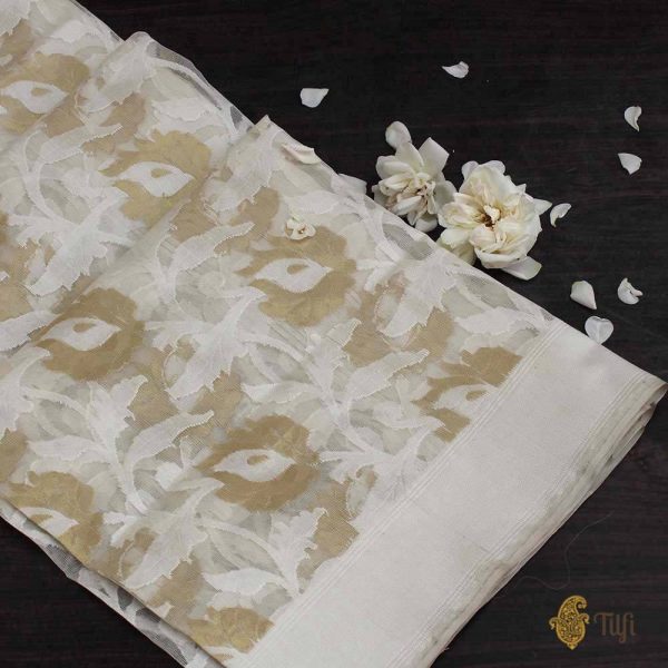 Off White Pure Kora Net Banarasi Handloom Dupatta Online