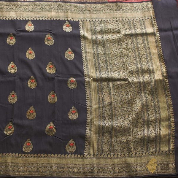 Black Pure Tussar Georgette Silk Banarasi Handloom Saree Supply