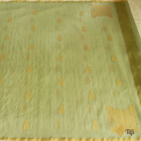 Mint Green Pure Kora Tissue Banarasi Handloom Dupatta For Sale