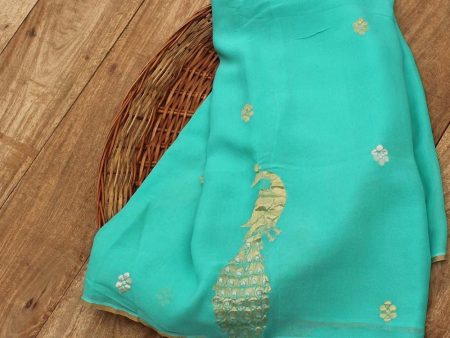 Aqua Blue Pure Chiffon Georgette Banarasi Handloom Saree For Cheap