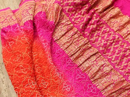 Orange-Rani Pink Pure Georgette Banarasi Handloom Bandhani Dupatta Hot on Sale