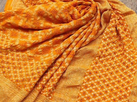 Orangish-Yellow Pure Georgette Banarasi Handloom Bandhani Dupatta For Sale