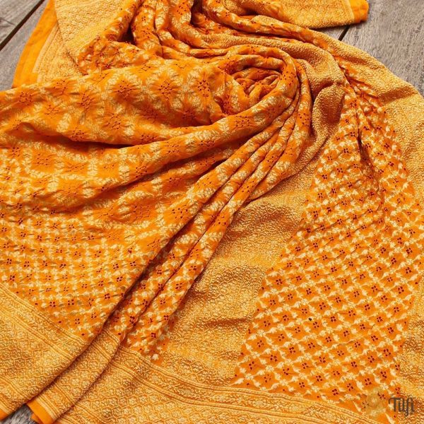 Orangish-Yellow Pure Georgette Banarasi Handloom Bandhani Dupatta For Sale