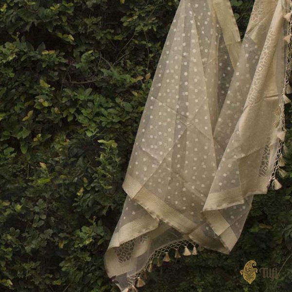 Beige-Grey Pure Kora Net Banarasi Handloom Dupatta Fashion