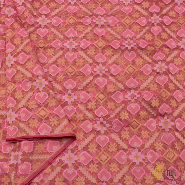 Coral Pink Pure Kora Net Banarasi Handloom Patola Fabric Hot on Sale