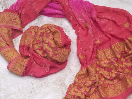 Gulaabi pink-Coral Pink Pure Georgette Banarasi Handloom Bandhani Dupatta Online Hot Sale